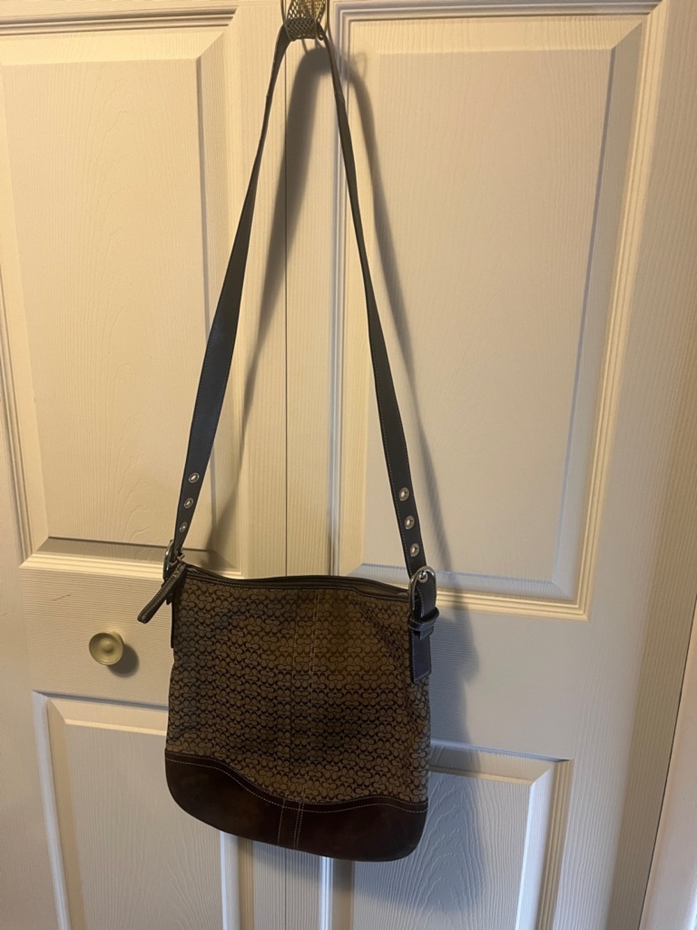 Coach Brown Monogram Crossbody Bag with Dark Brown Leather Trim